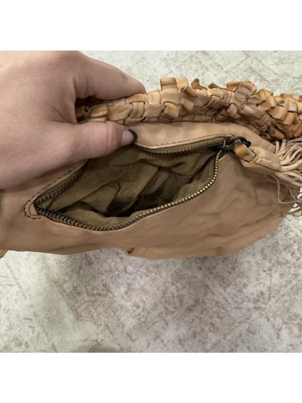 Hobo Hobo Bag Womens Large Beige Leather Woven Boho Tassel Zip Top Shoulder